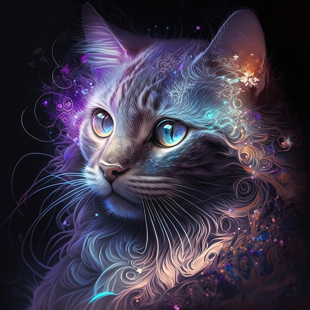 Neon schillernde psychedelische Katze aus Glitzern und Licht-KI