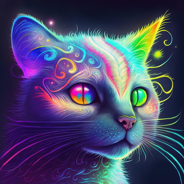 Neon schillernde psychedelische Katze Generative KI Basiert nicht auf einer tatsächlichen Szene oder einem Muster