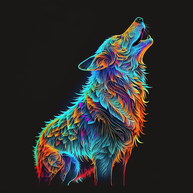 Neon schillernder psychedelischer heulender Wolf auf schwarzem Hintergrund Generative KI