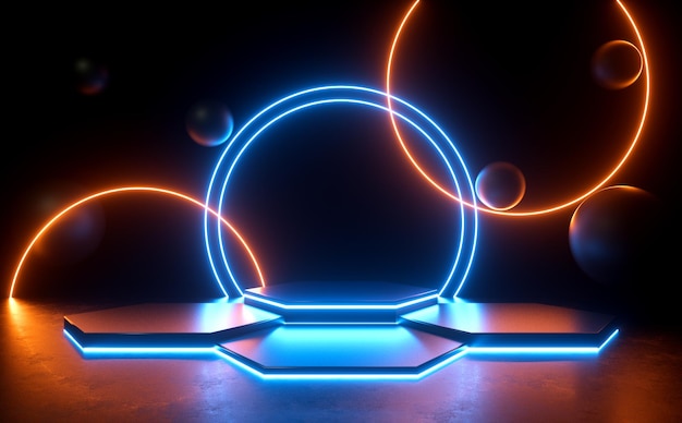 Neon Sci Fi Círculo Luz Led Laser Brilhando Vazio Passo Hexágono Palco Pódio Renderização em 3D Moderno Fundo Futurista
