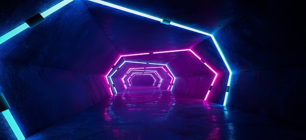 Neon Sci Fi Futurista Nave espacial extraterrestre Moderna Vibrante Púrpura Azul Brillante Rayos láser Pasillo Pasillo Retro Oscuro Vacío Podio Club Fiesta 3D Rendering