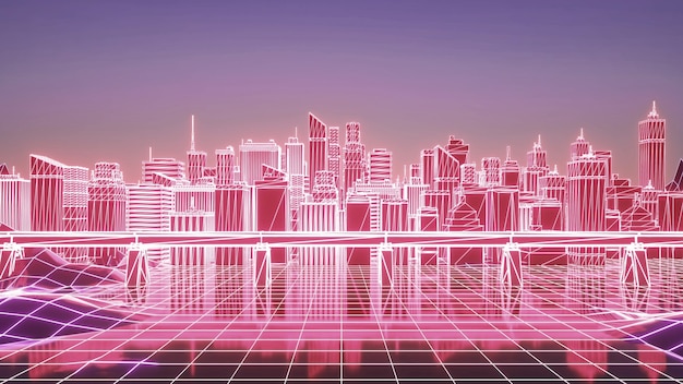 Neon-Stadt. Futuristischer Neonwolkenkratzerhintergrund. Geschäfts- und Technologiekonzept. 3D-Rendering.