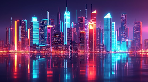 Neon-Stadt-Skyline mit einer Mischung aus Retro- und modernen Elementen Dynamische Neon-Staathöhe mit retro- und moderner Ästhetik