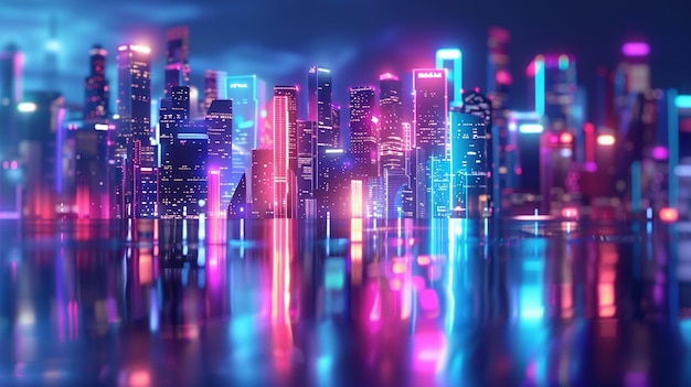 Foto neon-stadtlandschaft mit hologrammeffekt und helligkeitsreflektion