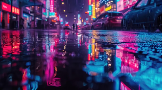 Neon-Stadtlandschaft mit Reflektionen in einer regnerischen Nacht Lebendiges Neon-Staadtlandschaft, die sich in einer Regennacht widerspiegelt