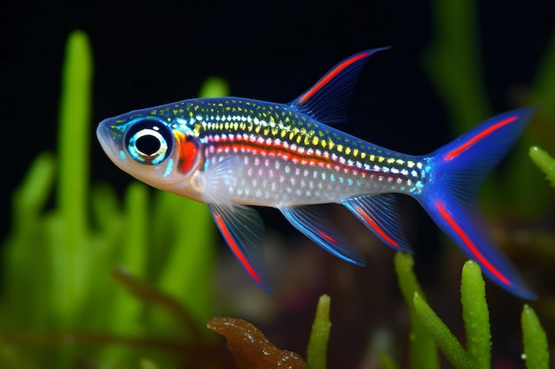 Neon-Tetra-Fisch im Aquarium in Nahaufnahme des Fotos