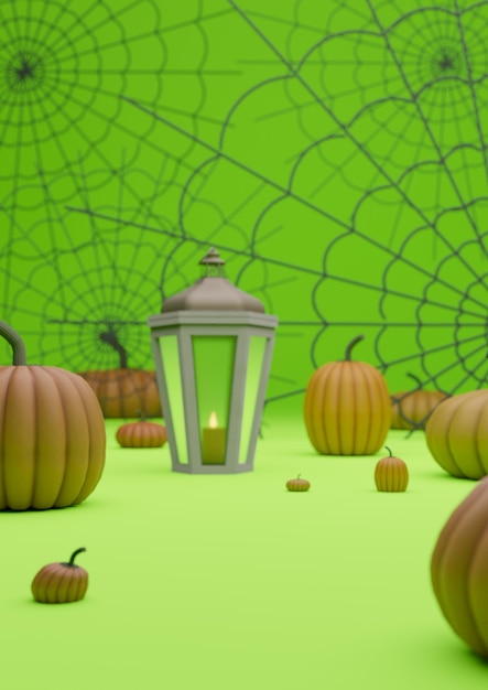 Neon verde outono outono exibição de produtos de Halloween suporte de pódio abóboras teias de aranha lanterna vela