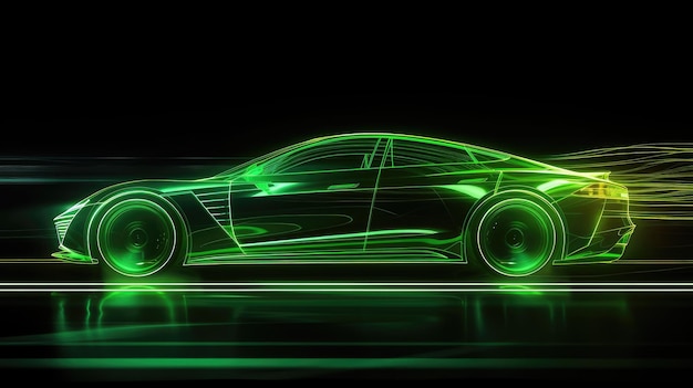 El neón verde que brilla en la oscuridad del coche eléctrico en el concepto de funcionamiento de alta velocidad