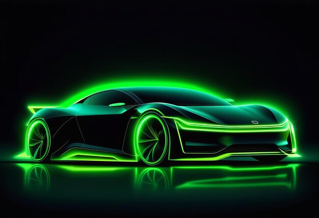 Foto el neón verde que brilla en la oscuridad del coche eléctrico en el concepto de funcionamiento de alta velocidad