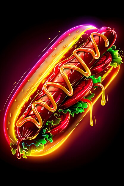 Foto neon-vibrant-neon-hot-dogs mit senf-tropfen und oozing hot d y2k collage-glow-outline-design