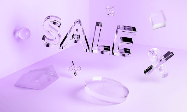 Neón de vidrio transparente 3D Inscripción de venta y formas geométricas en el ángulo. Concepto
