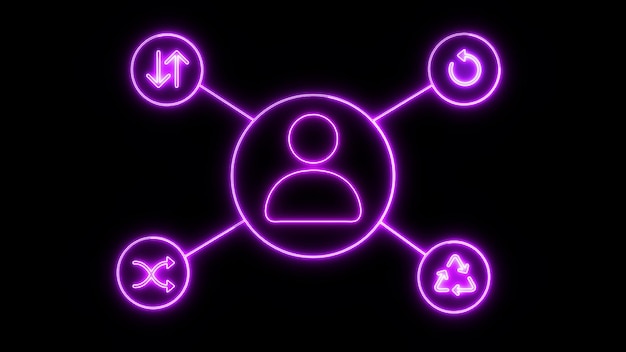 Neon-violettes Social-Media-Netzwerk-Symbol auf schwarzem Hintergrund