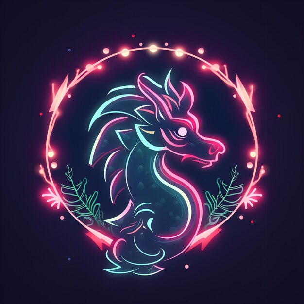 Neon-Weihnachtsdrachen-Logo, ein farbenfrohes Symbol für das neue Jahr 2024