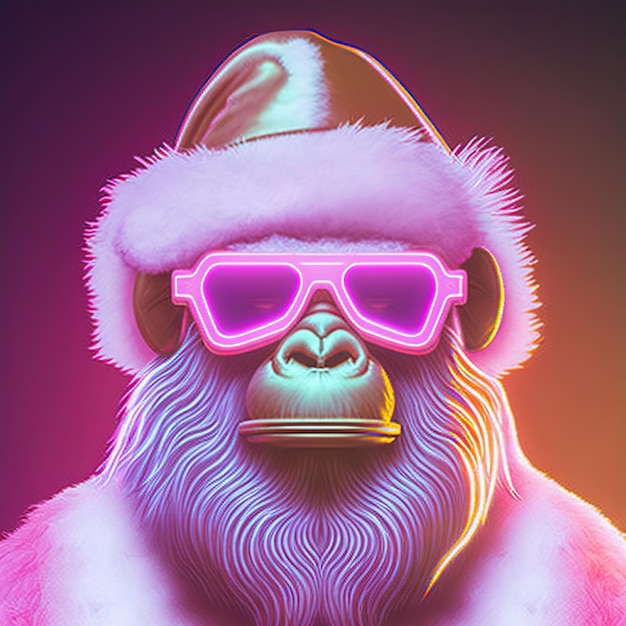 Neon-Weihnachtsparty-Poster mit generativer KI des Gorilla-Weihnachtsmanns, die nicht auf einer tatsächlichen Szene basiert