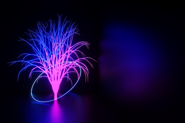 Neonbaum mit einem Ring in einem dunklen Raum bei Nacht 3D-Darstellung