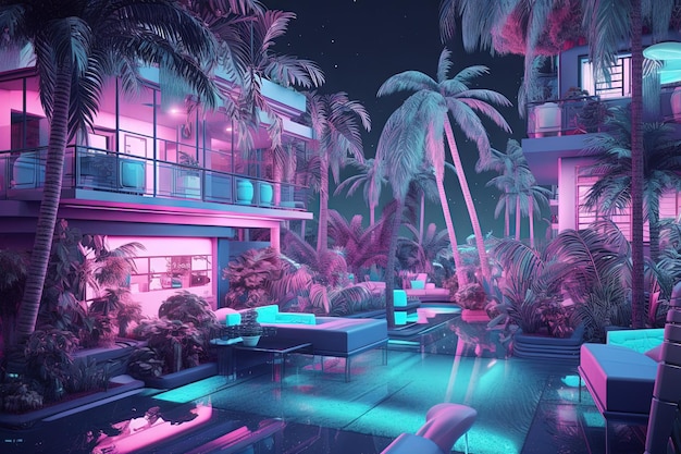 Neonbeleuchtete Hotellobby im Synthwave-Stil. Blaues und violettes Hotel mit Palmen im 80er-Jahre-Stil. Generierte KI