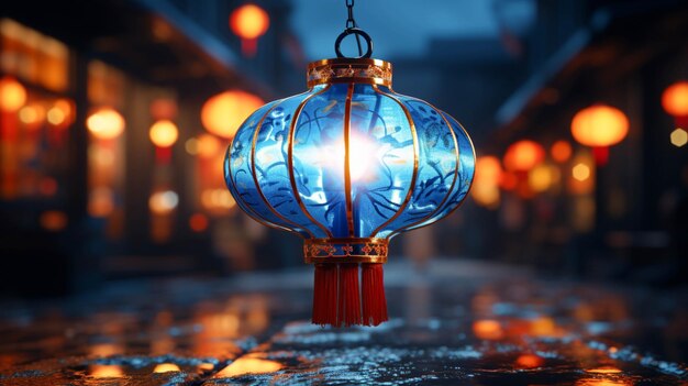 Foto neonblaue chinesische laterne mit unscharfem hintergrund 3d-laternen-rendering