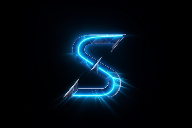 Neonblaues Letter S-Logo auf schwarzem Hintergrund, generative KI