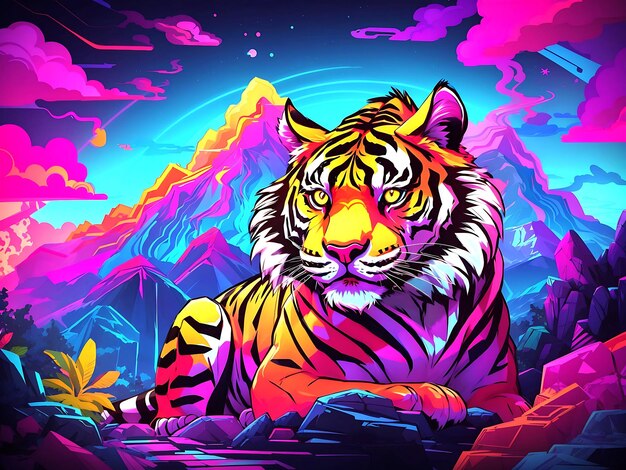 Foto neonfarben im cartoon-stil tiger illustrationsbild