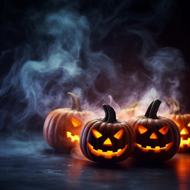 Neonfarbene kleine Halloween-Kürbisse im Hintergrund, Rauch und Halloween-Atmosphäre