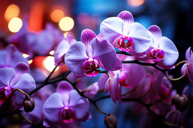 Neonfarbene Orchideenblüten geben der Kulisse einen lebendigen Ton