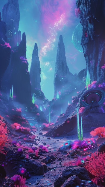 Neonflora und seltsame Felsformationen Außerirdische Planeten Illustration Generative KI
