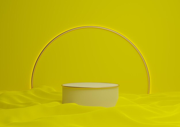 Neongelber 3D-Podiumsständer für luxuriöse Produktpräsentation, minimale goldene Bogenlinie im Hintergrundlicht