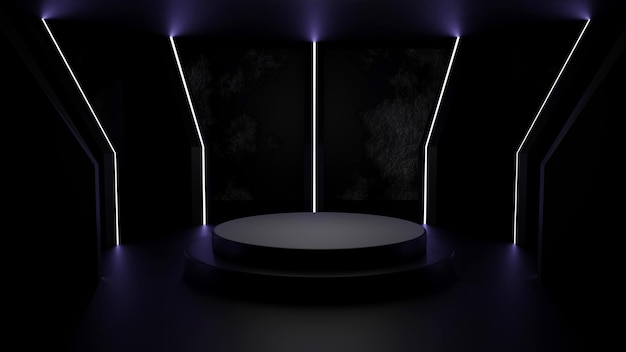 Neonglühender Bühnenhintergrund auf einem dunklen Hintergrund 3D-Rendering