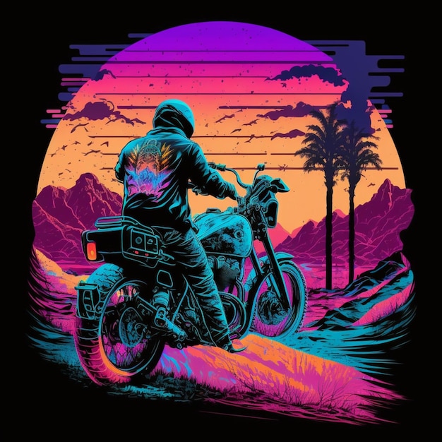 Neonillustration eines Mannes, der ein Motorrad vor Palmen und Bergen fährt.