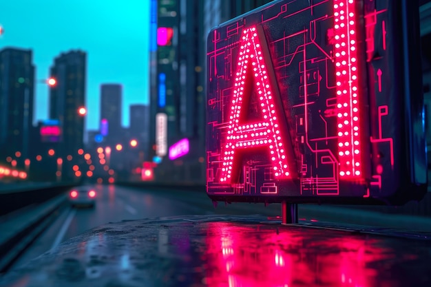 NeonInfused Text AI brillando contra el paisaje urbano cibernético