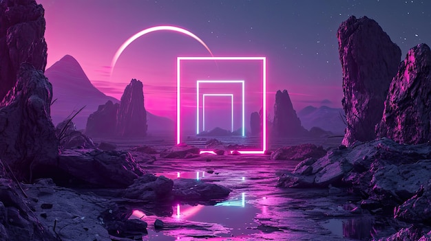 Neonkreis in einer futuristischen Landschaft