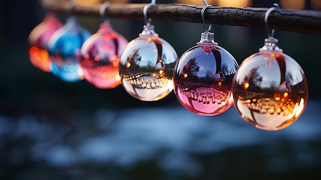 Neonkugeln am Weihnachtsbaum mit eingeschalteten Lichtern