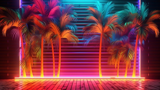 Neonlandschaft mit Palmen auf einer Treppe