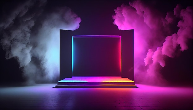 Neonleere Bühne mit Neonrauch im Hintergrund mit Scheinwerferlicht. Ai-generiertes Bild