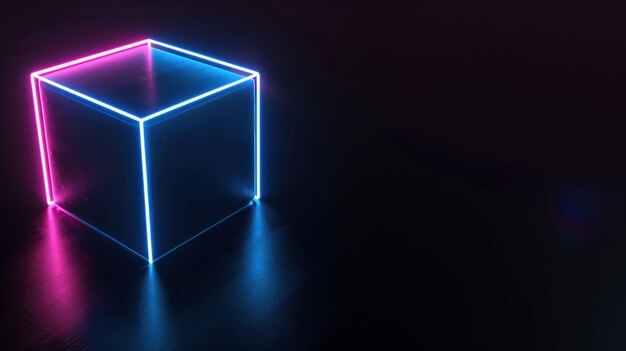 Neonleuchtender Würfel auf dunklem Hintergrund mit lebendigen Farben und Reflexionen