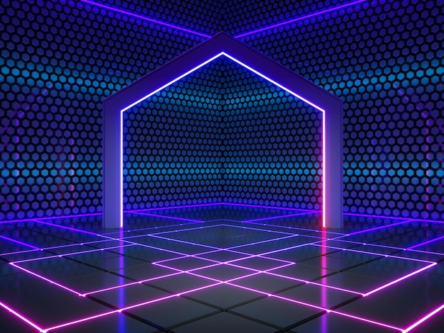 Neonlicht abstrakter futuristischer Hintergrund ultraviolettes Konzept 3D-Rendering