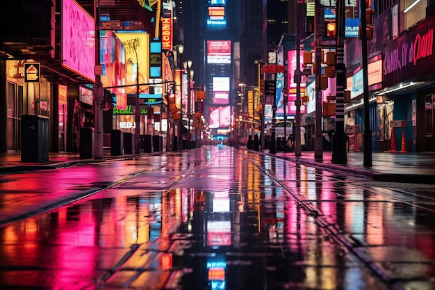 Neonlicht reflektiert auf einer regnerischen Stadtstraße