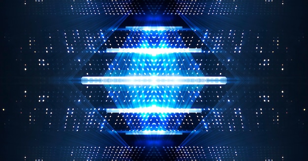 Neonlicht und Lasershow. Laser futuristische Formen auf einem dunklen Hintergrund. Blaues Neonlicht, symmetrische Reflexion