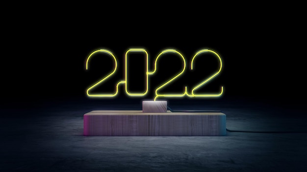 Neonlicht von 2022 Symbol auf Holzbühne 3D-Rendering