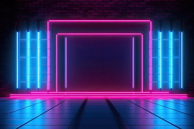 Neonlichter an einer Ziegelsteinwand in einem dunklen Raum