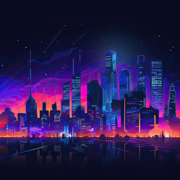 Neonlichter beleuchten die futuristische Skyline der Stadt bei Nacht. Lebendige farbige Stadtbildillustration