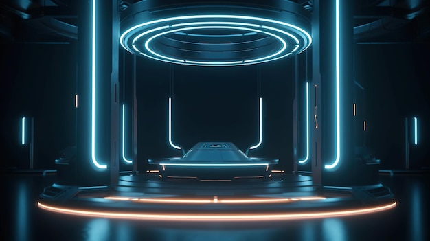 Neonlichter in einem dunklen Raum mit einem blauen Kreis und einem Licht auf dem Boden