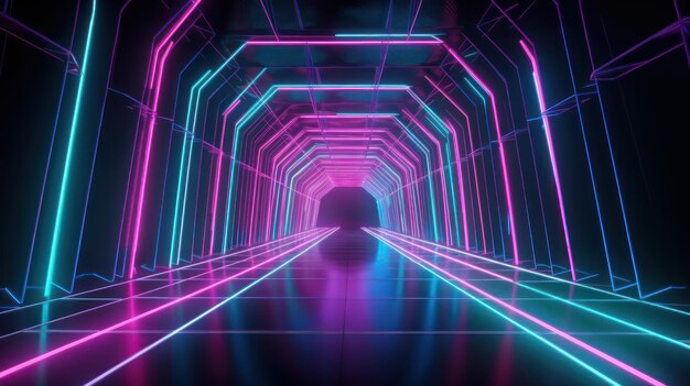 Neonlichter tunel Hintergrund mit rosa und blauen Laserstrahlen leuchtende Linien 3D-Rendering Generative KI