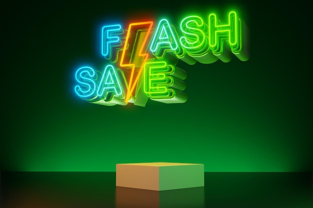 Neonlichttext des Flash-Verkaufs mit leerem Display 3D-Rendering