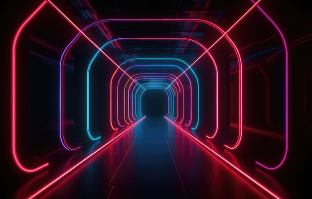 Neonlichttunnel in den Farben Indigo und Crimson, perfekt für Landing Pages mit generativer KI