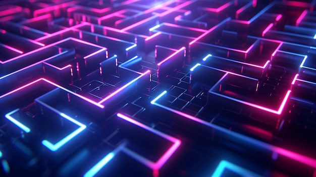 Neonlinien bilden ein faszinierendes Labyrinth auf einem dunklen und dunklen Erdboden.