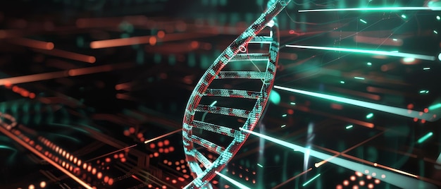 Neonlit DNA helix concepto biotecnológico futurista que fusiona la tecnología con la genética humana ar 169