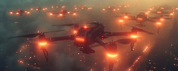 NeonLit Drone Swarm führt Aufgaben aus Minimaler Hintergrund