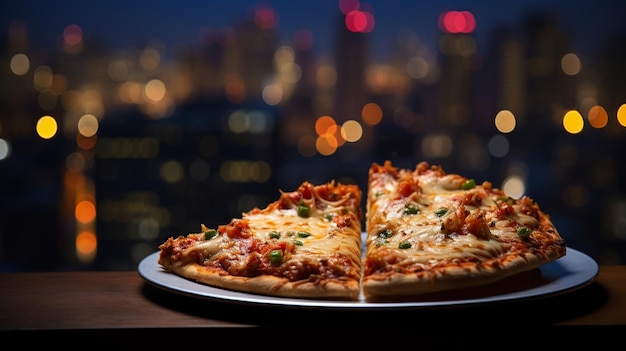 NeonLit Pizza Slice Fusión de la vida nocturna urbana y la tentación deliciosa