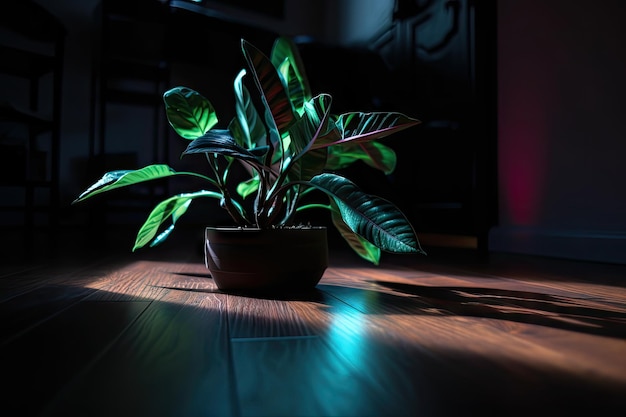 Neonpflanze wächst auf Holzboden mit dramatischem Lichteffekt, der mit generativer KI erzeugt wurde